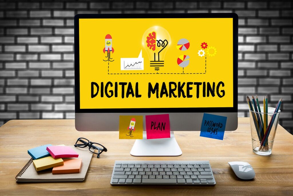 a computer on a desk shows the digital marketing strategies for beginners